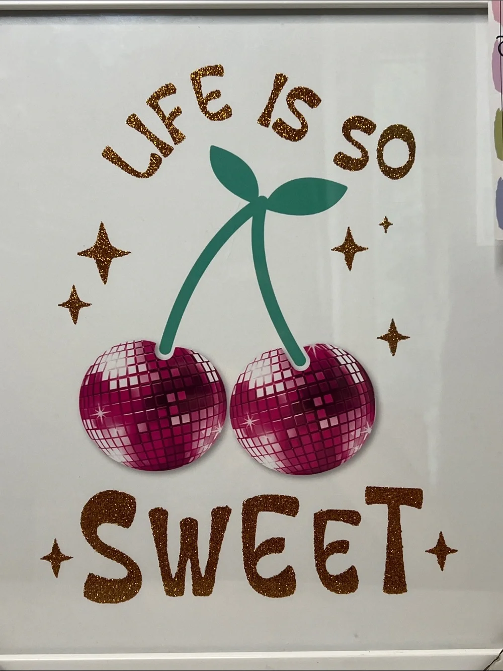 Eclectic Art Glitter Life Is So Sweet Pink Cherry Disco BallWall Art New